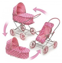 3-in-1 Pink White Polka Dots Doll Pram, Carrier, & Stroller
