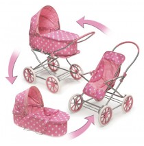 3-in-1 Pink White Polka Dots Doll Pram, Carrier, & Stroller