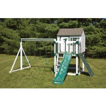 Swing Kingdom Hideout Playhouse Vinyl Swing Set Model C4 in White & Green