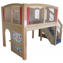 Strictly For Kids Mainstream Explorer 25 Preschool Wave Loft with Recessed Steps on the Right, Blue Carpeting, 11' wide x 6'6'' deep x 94'' high, 52''h platform